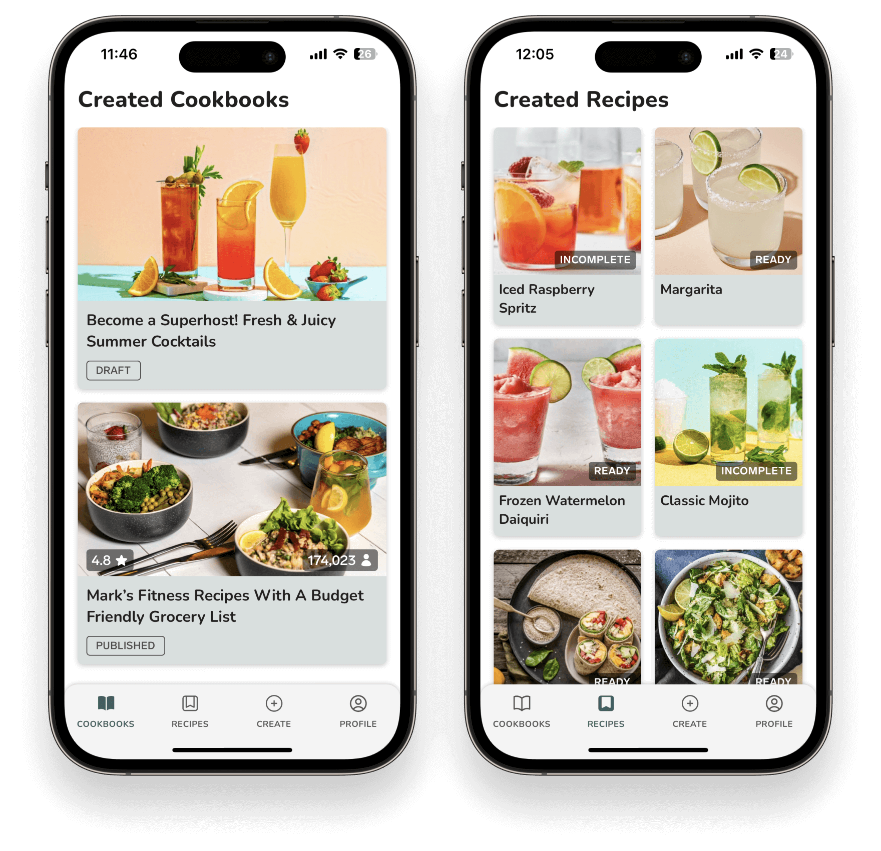 My Cookbooks and Recipes Screens - Bamley App